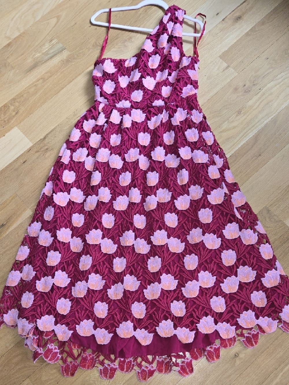 One-Shoulder Floral Midi Dress in Burgundy and Pink NWT Sz 8 - Picture 9 of 11